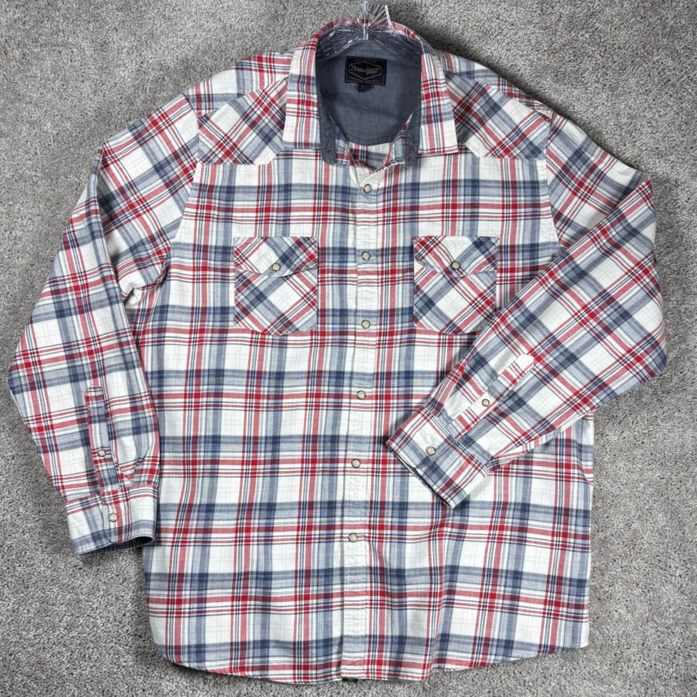 Threadgrit Mens Long Sleeve Plaid Snap Button Western‎ Shirt 2XL Red White Blue